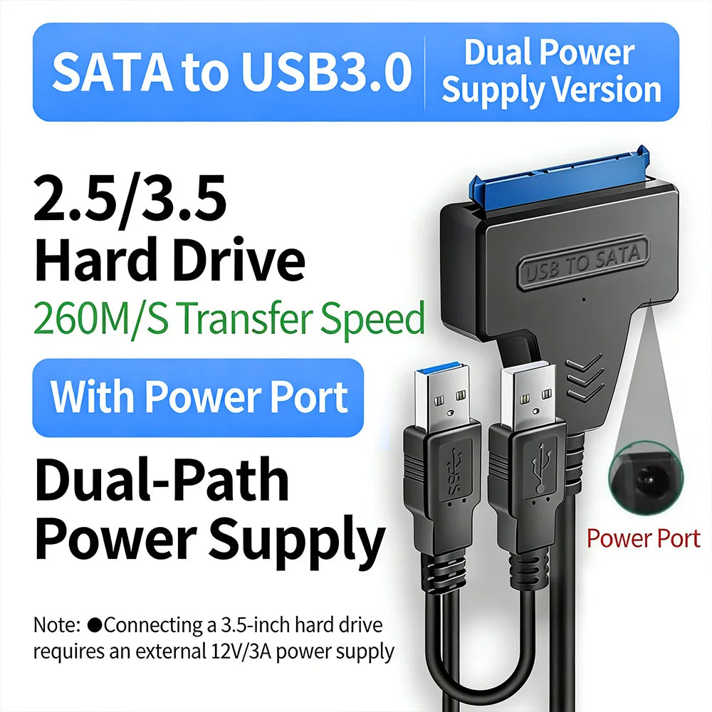 USB 3.0 SATA Adapter Cable for 2.5" SSD & HDD | UASP 6Gbps SATA USB Adapter PRIMED Dual line 0.3m