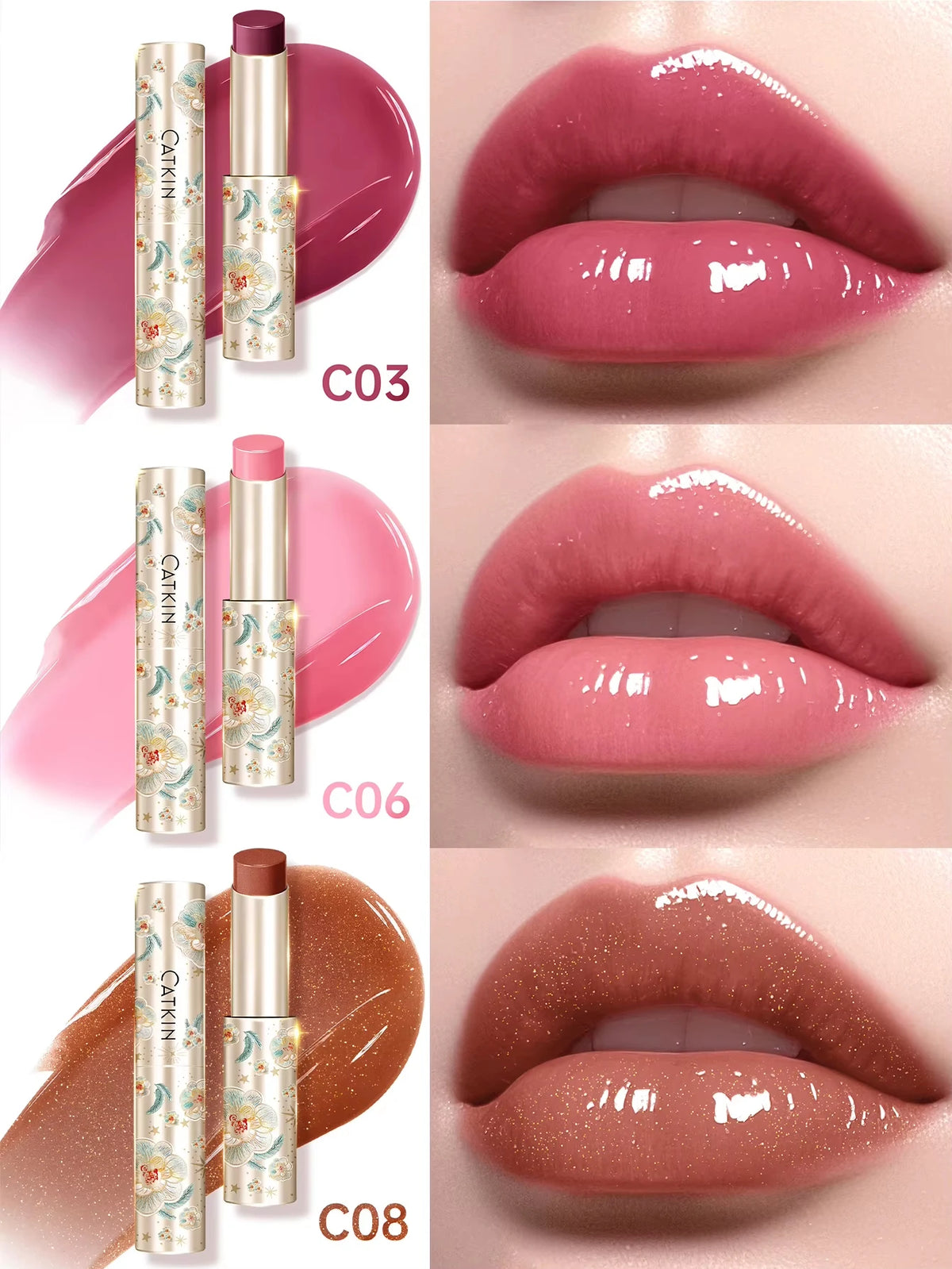 CATKIN 3PCS Glossy Lip Balm Set | Mirror Shine 12H Hydration Lip Balm Set PRIMED C03 C06 C08