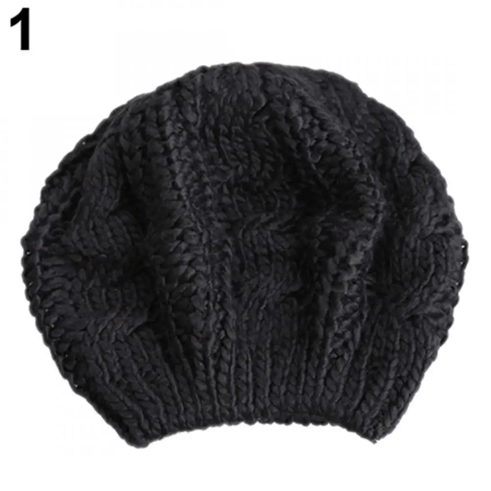 Women's Braided Knit Beret Beanie Hat – Warm Winter Ski Cap Knit Beret Beanie PRIMED Black