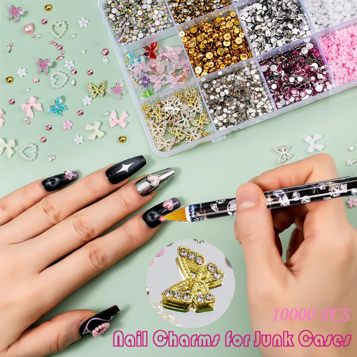10,000Pcs 3D Butterfly Nail Charms Kit – 15-Grid Box & Tools