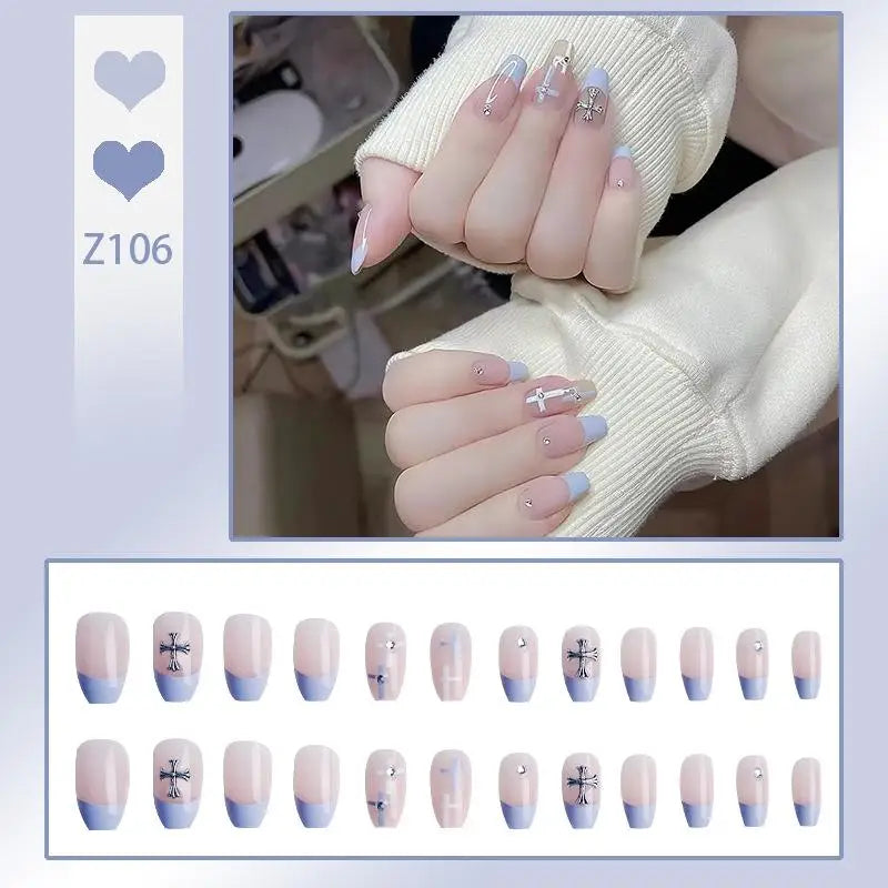 French Press On Nails Set – 24 Short Acrylic Tips with Glue