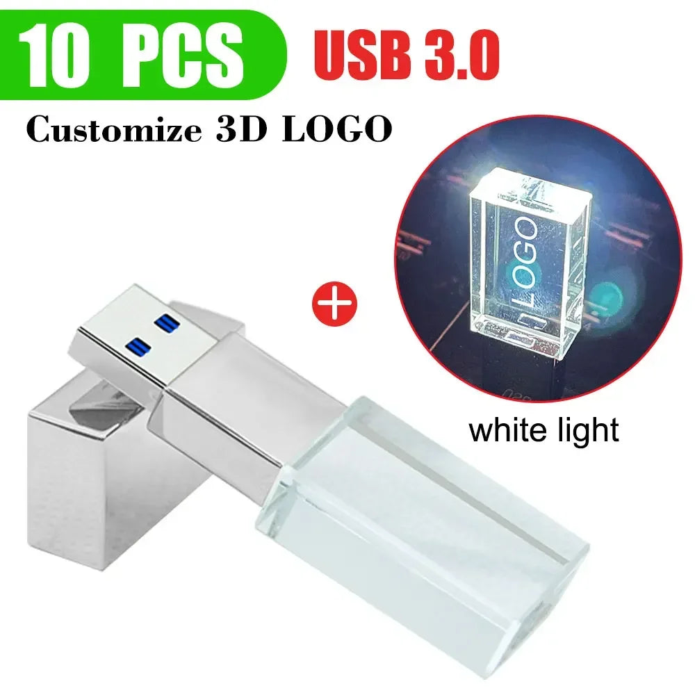 10-Pack Crystal 3D USB 3.0 Flash Drives | Free Engraved Logo USB Flash Drive PRIMED 16GBx10pcs silver - white led