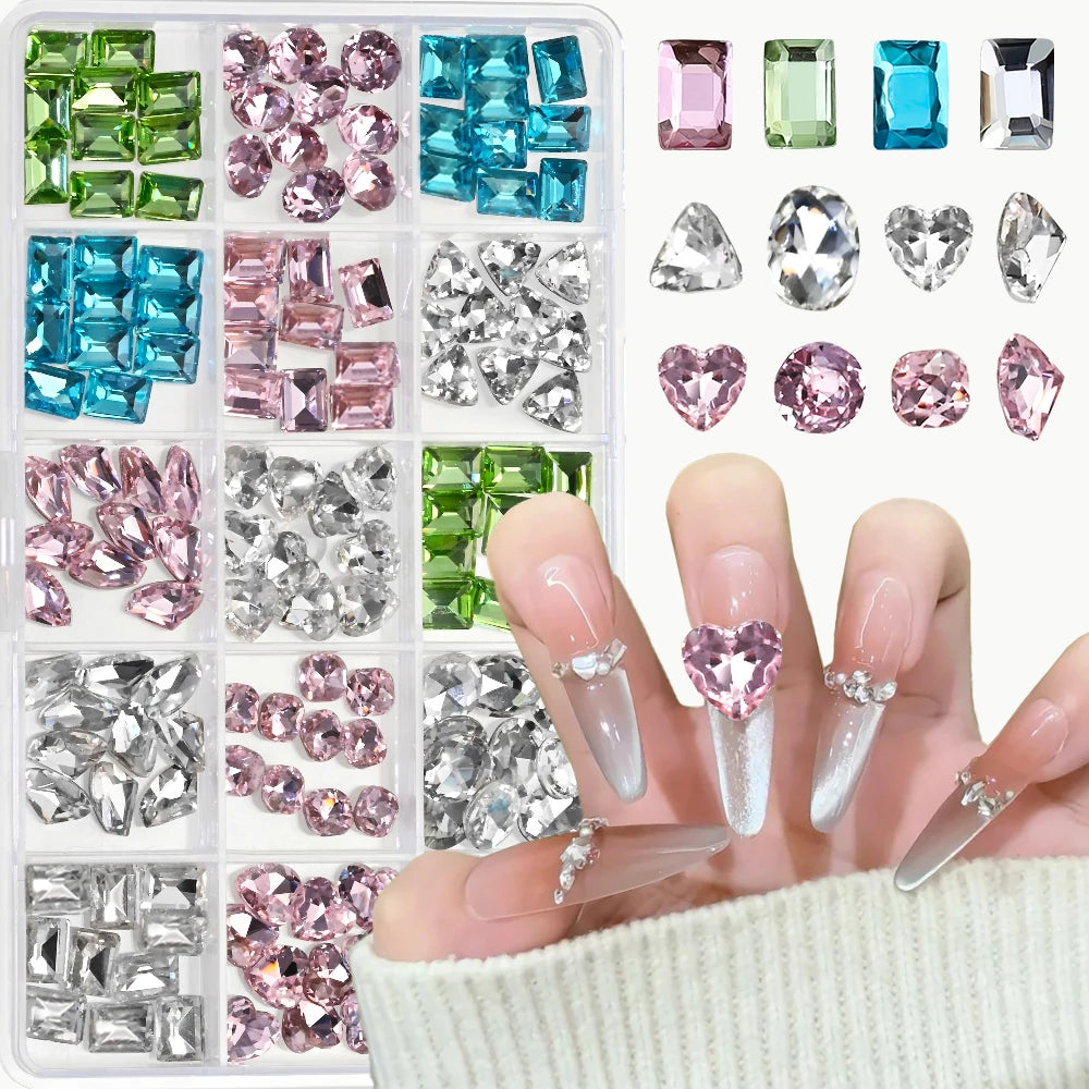 15-Grid Mixed Nail Rhinestones – 3D Glass Crystals Combo Box Nail Rhinestone Set PRIMED 15Grid