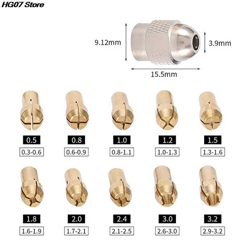 Brass Collet Chuck Set 0.5–3.2mm | 10/11pc Rotary Tool Kit