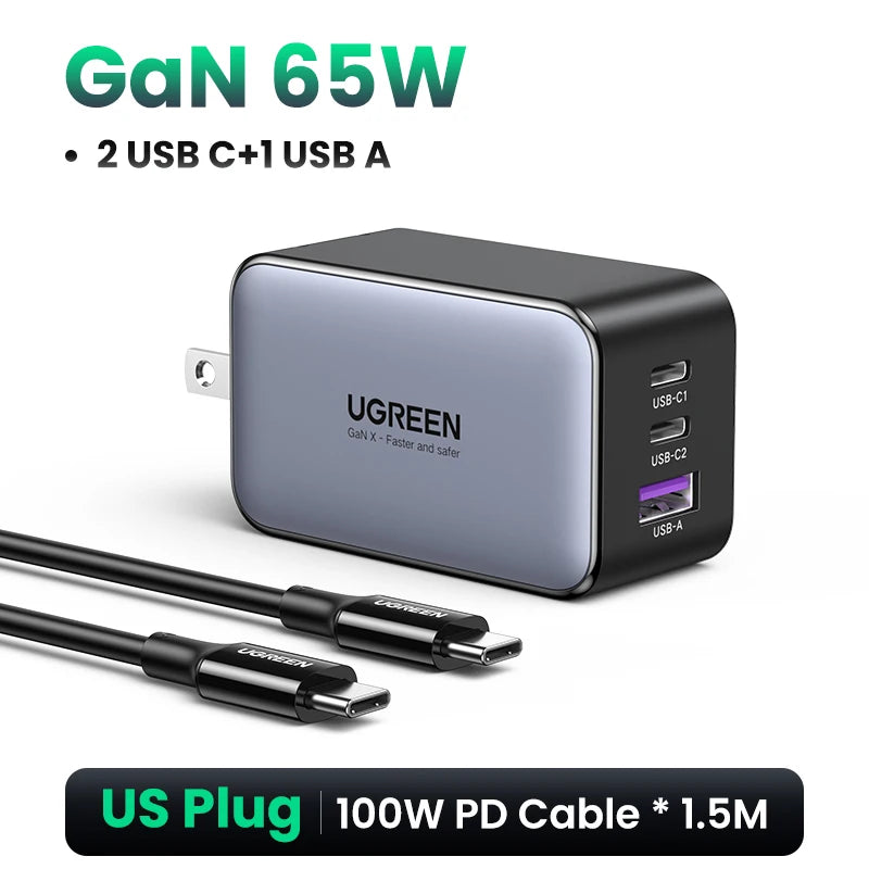 UGREEN 65W GaN 3-Port USB-C PD Fast Charger for Laptop & Phone USB-C Wall Charger PRIMED US Plug Add Cable China