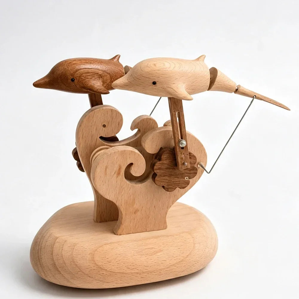 Wooden Dolphin Kinetic Sculpture | USB Rechargeable Desk Art
