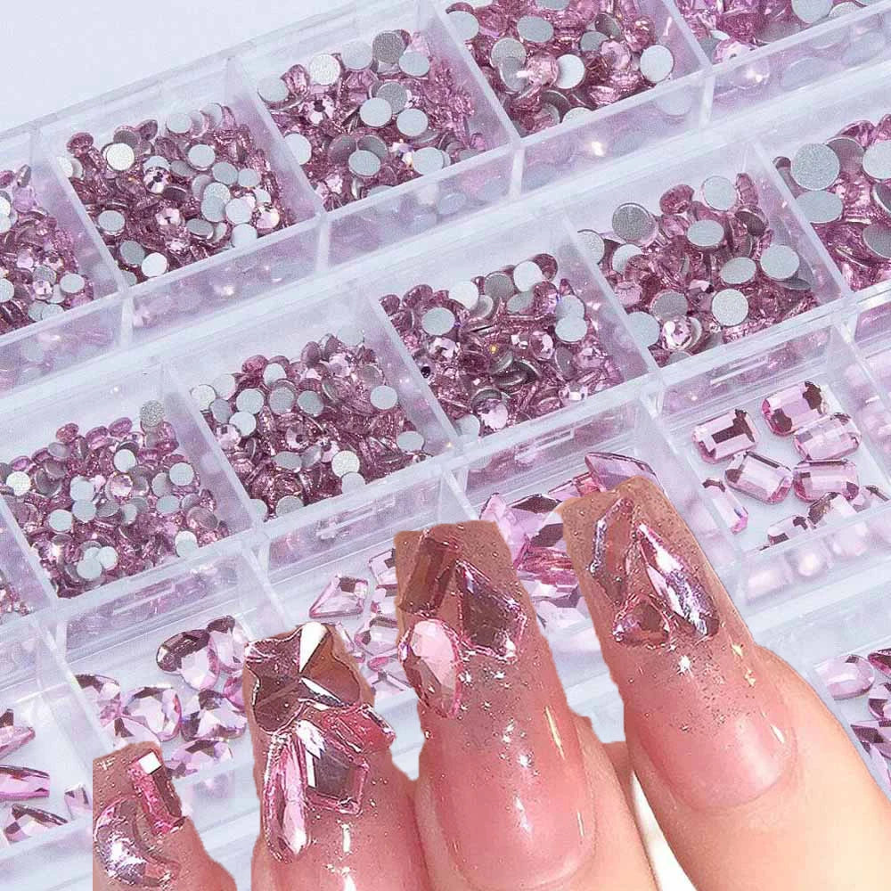 12-Grid Pink Mirror Nail Rhinestones – Mixed Crystal Art Set Nail Art Rhinestones PRIMED