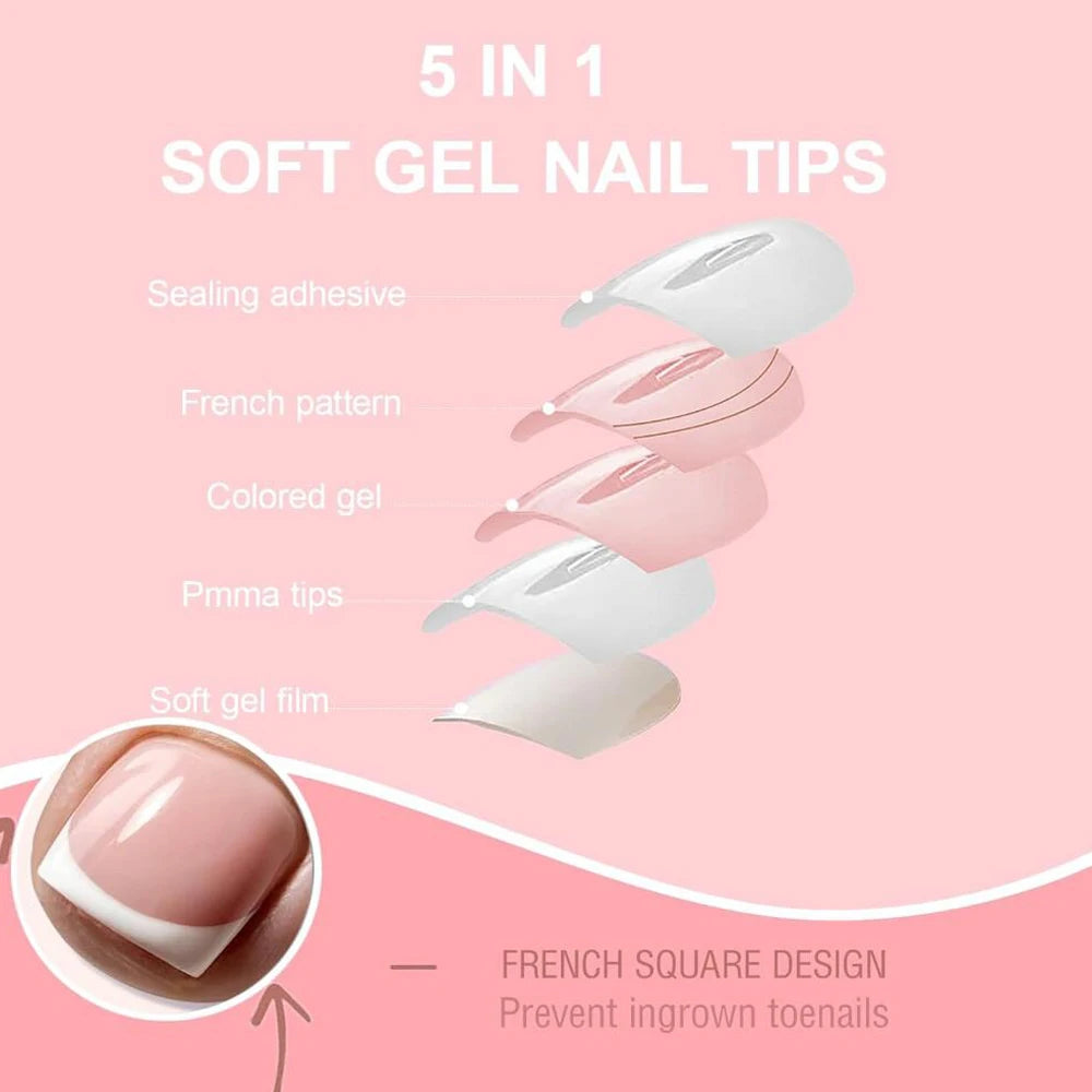 150Pcs Nude French Press-On Toenails | Square Light Pink Gel Tips
