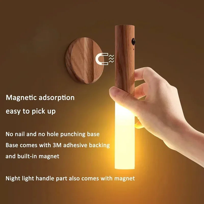 Wooden Motion Sensor Night Light – Rechargeable Magnetic Wall Lamp
