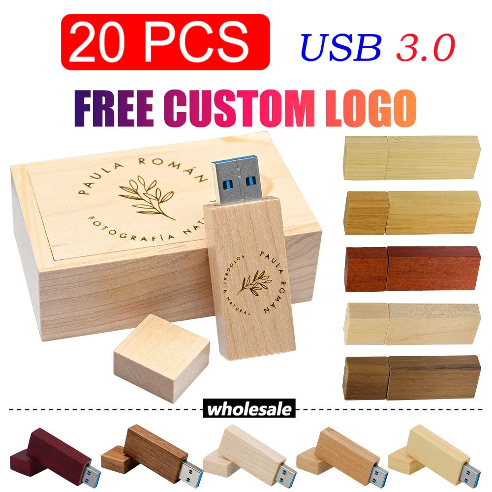 20-Pack Wooden USB 3.0 Flash Drives | Custom Logo 32/64/128GB USB Flash Drive PRIMED