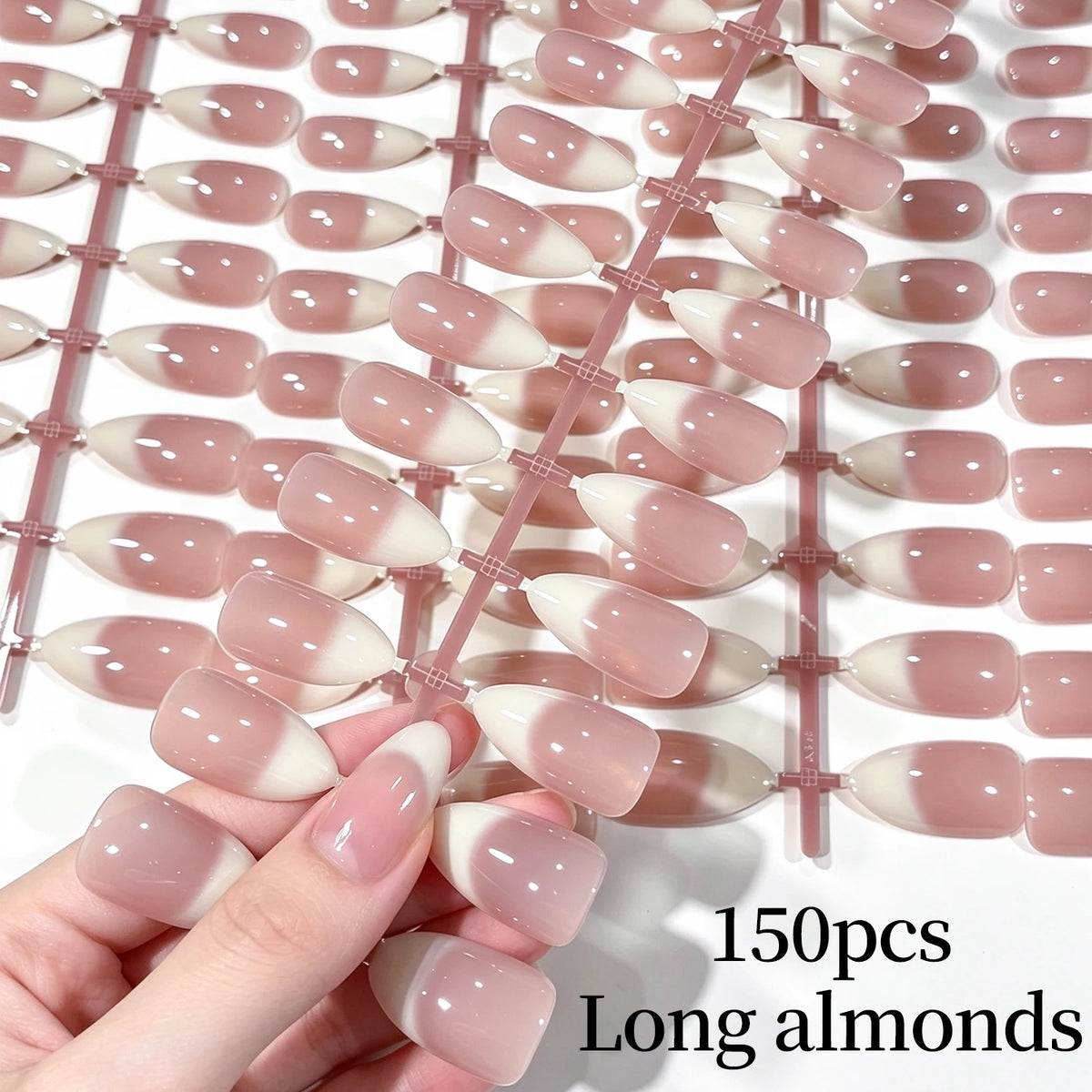 150Pcs Gradient Pink Almond Press On Nails | French White Edge