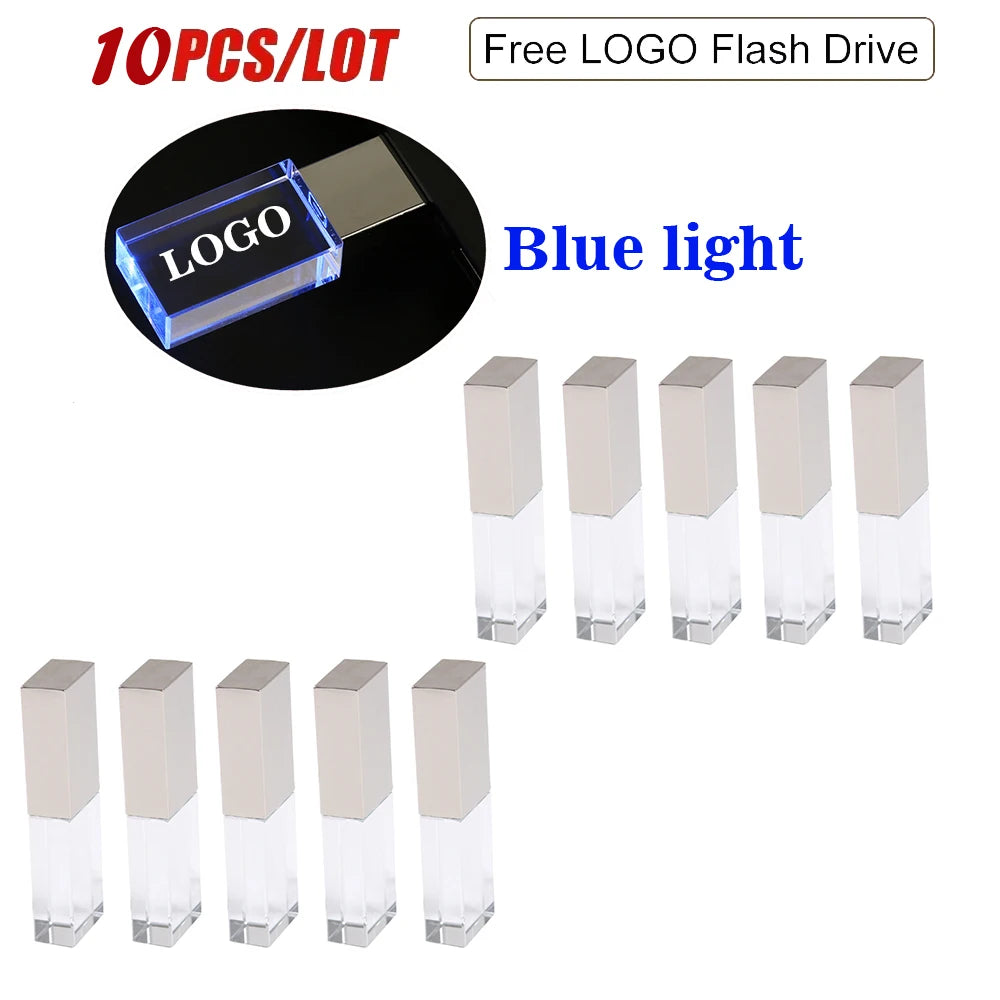 10-Pack Crystal USB Flash Drive 128GB | LED, Free Logo Engraving USB Flash Drive PRIMED