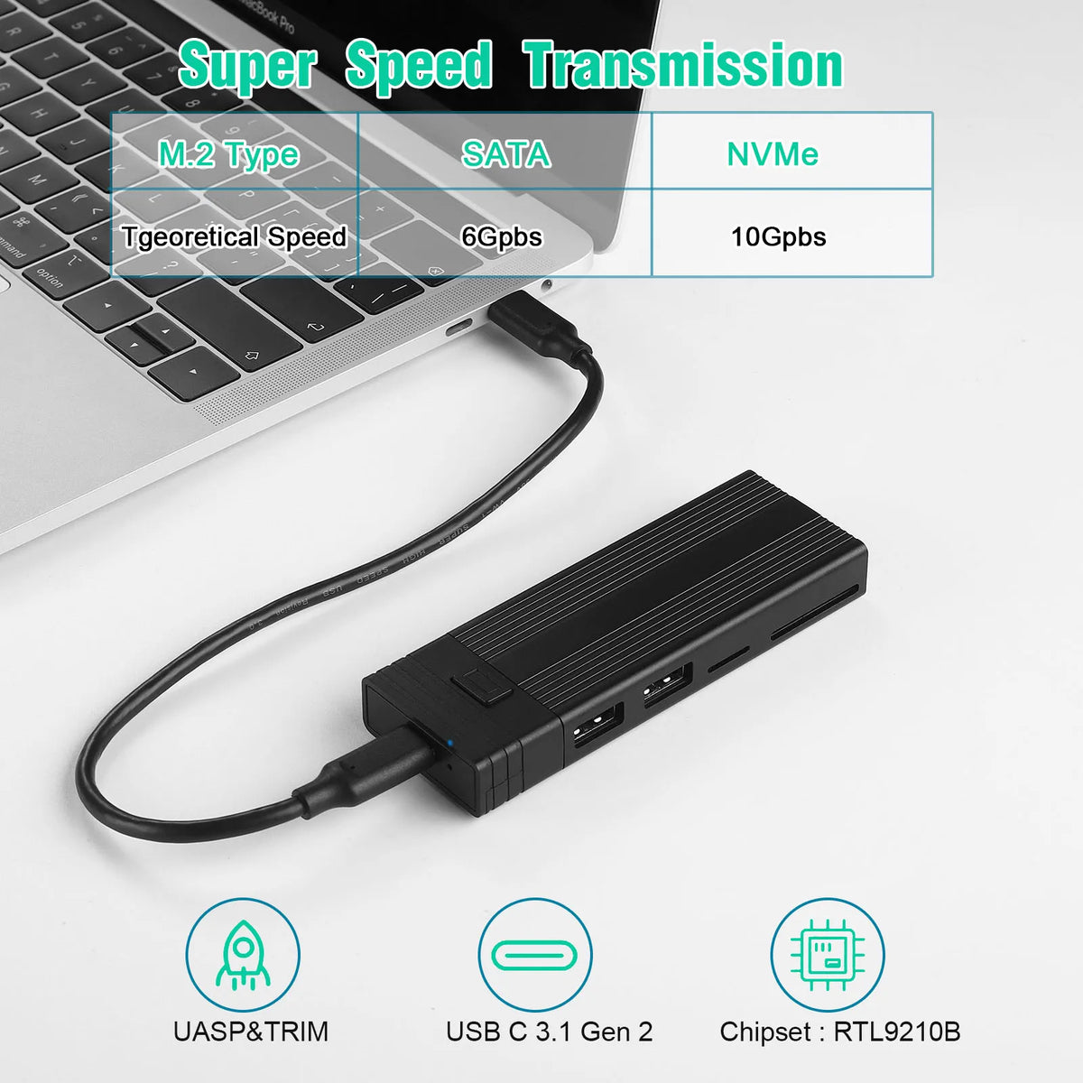 M.2 NVMe SATA SSD Enclosure USB-C Hub Adapter – 10Gbps SSD Enclosure Adapter PRIMED