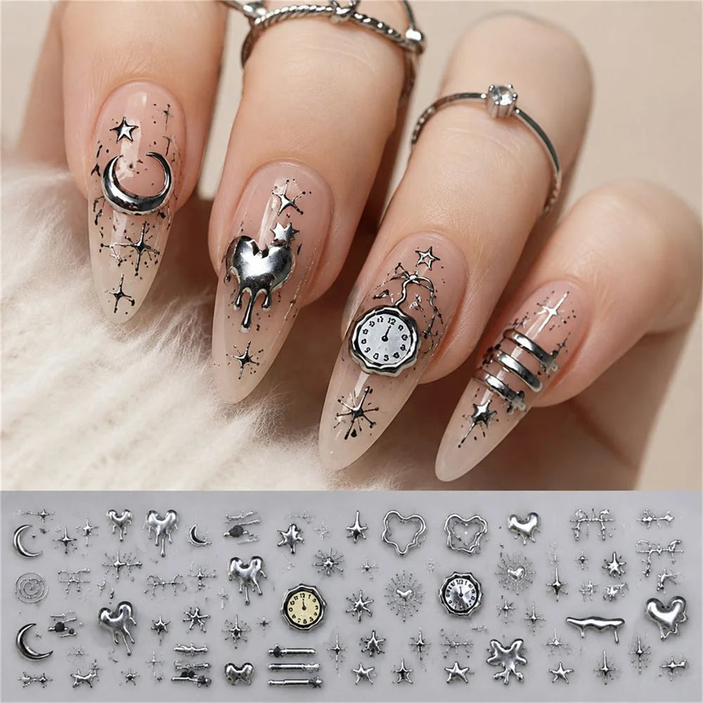 Punk Y2K 5D Silver Nail Stickers – Gothic DIY Nail Decals