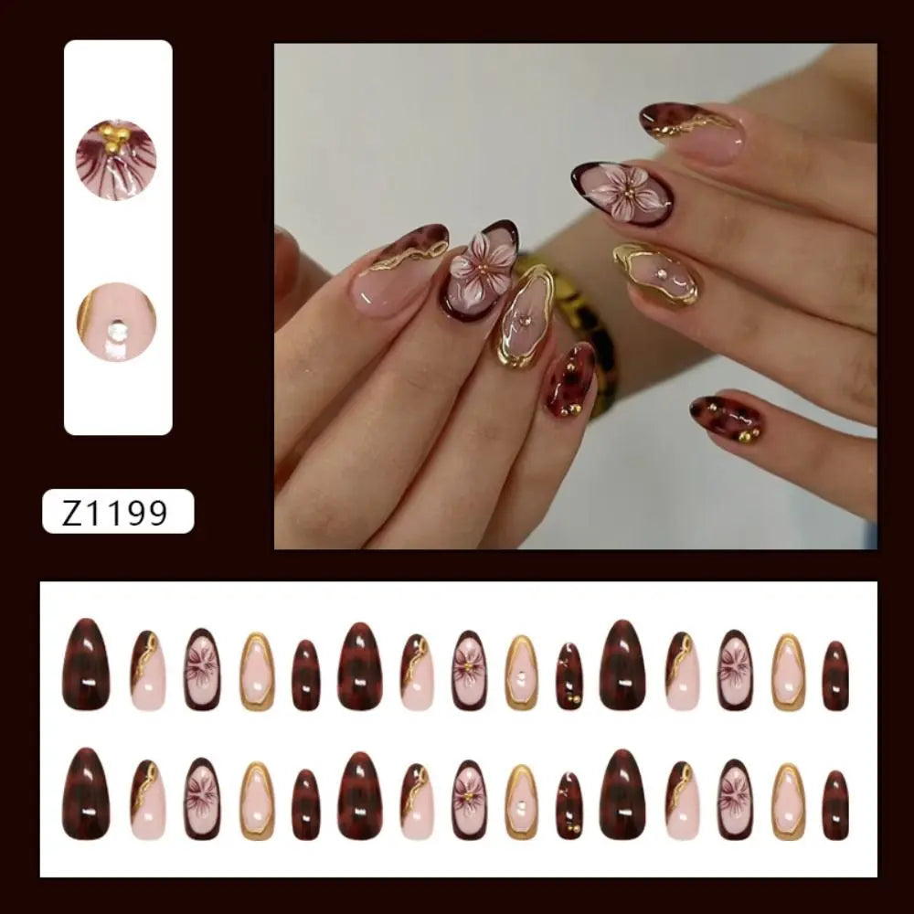 Long Almond Press On Nails – French Aurora Gilding Flower Tips