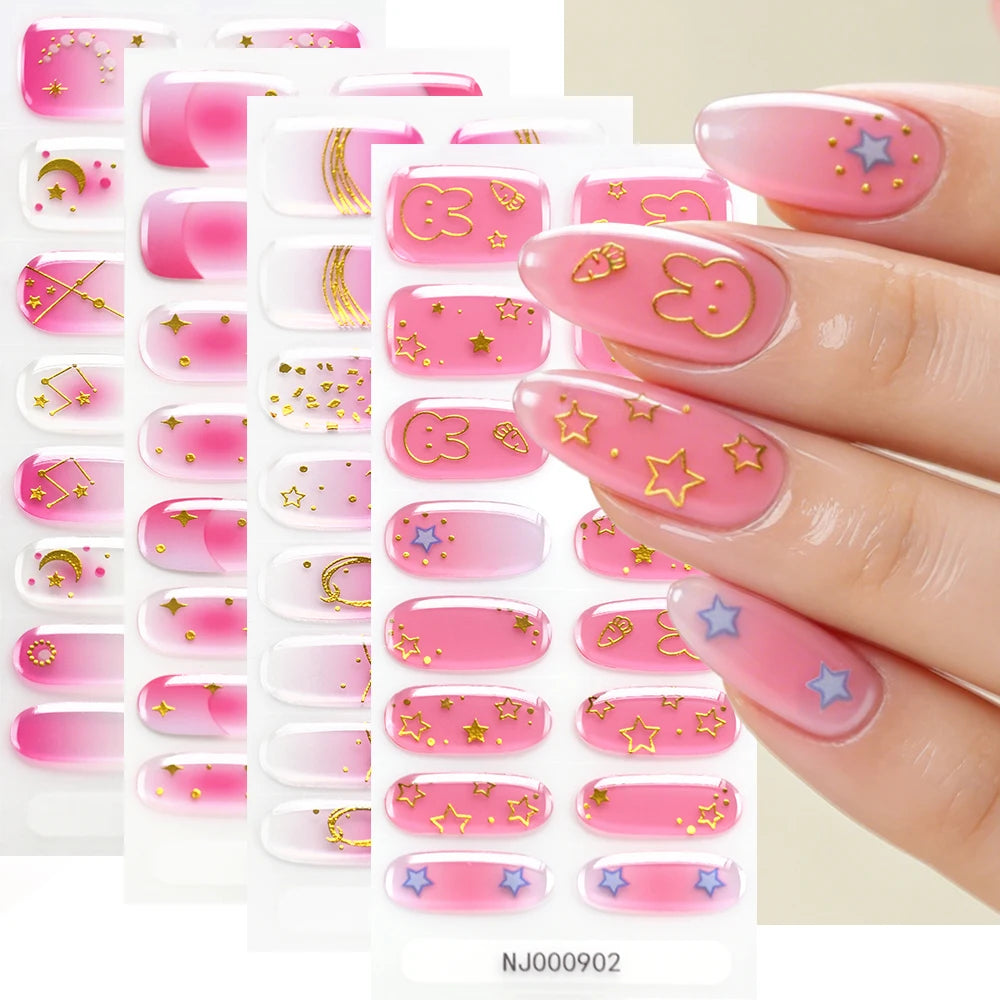 5D Semi-Cured Gel Nail Stickers – Golden Embossed Rabbit Pink Purple Gel Nail Stickers PRIMED