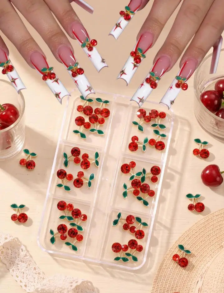 24Pcs Red Cherry 3D Nail Art Rhinestone Diamond Zircon Set Nail Art Rhinestones PRIMED