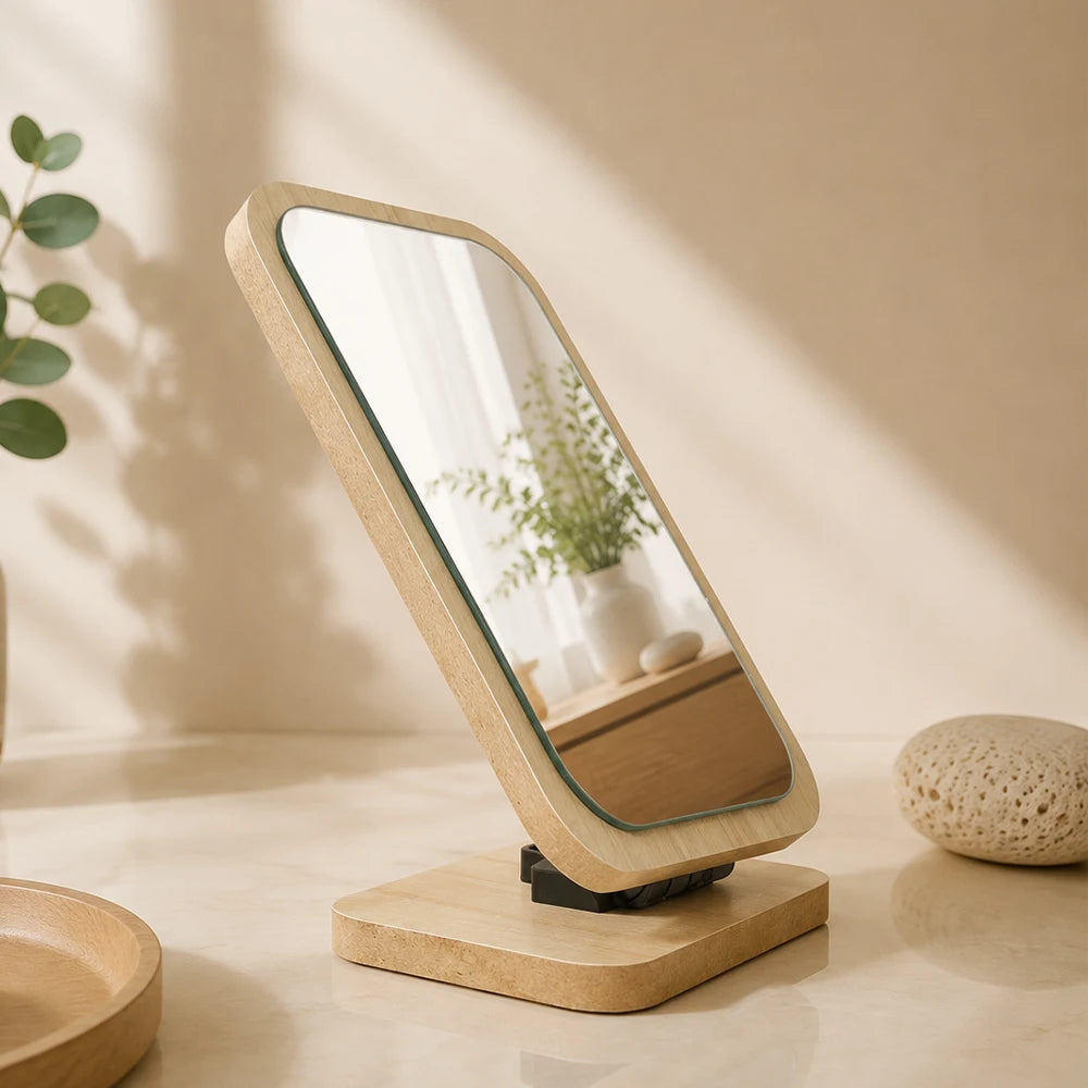 Wooden Vanity Makeup Mirror HD 360° Rotating Folding Desktop