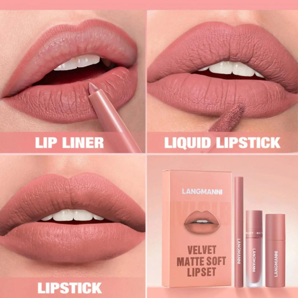 LANGMANNI 3-Piece Matte Lipstick & Lip Liner Kit – Long Wear Lip Makeup Kit PRIMED