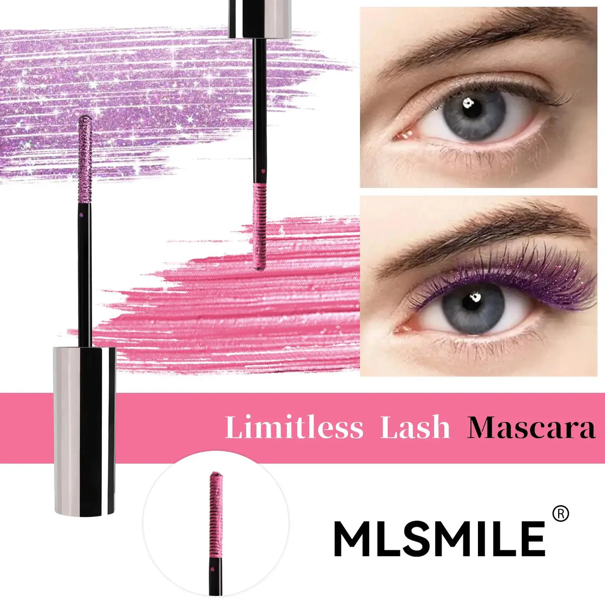 MLSMILE Glitter Pearlescent Mascara – Waterproof & Volumizing Glitter Mascara PRIMED
