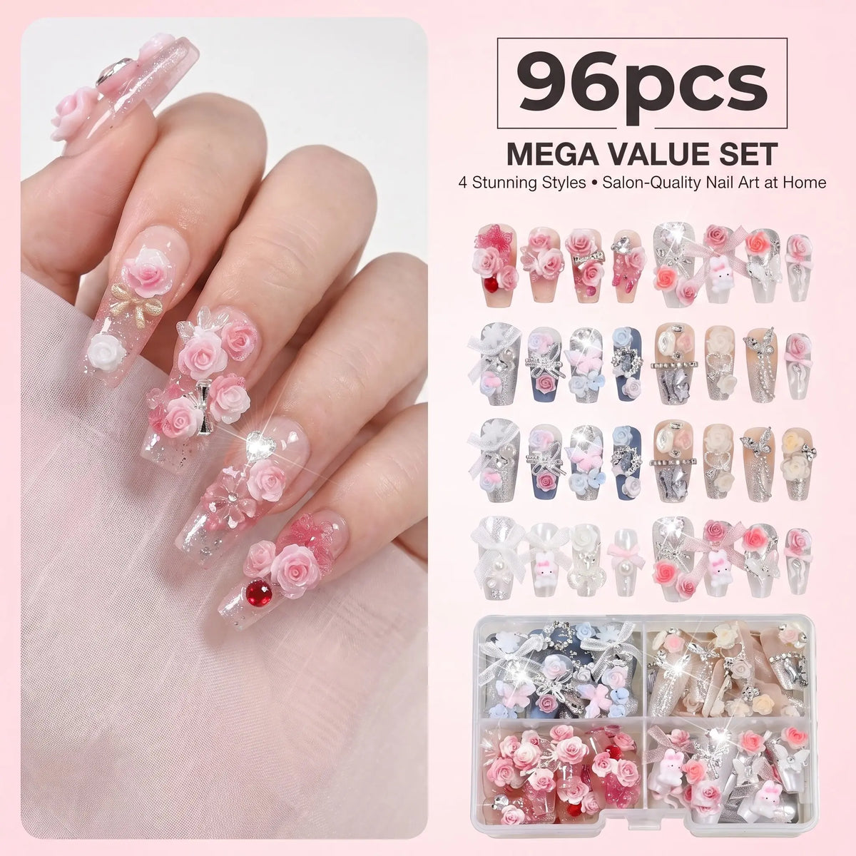 96Pcs Press On Nails Long Coffin Pink Flowers Lace Bows Diamonds