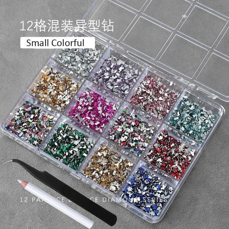 3D Crystal Nail Rhinestones Kit – 12 Shapes, Gems & Tweezer Nail Rhinestone Kit PRIMED ZB148-8
