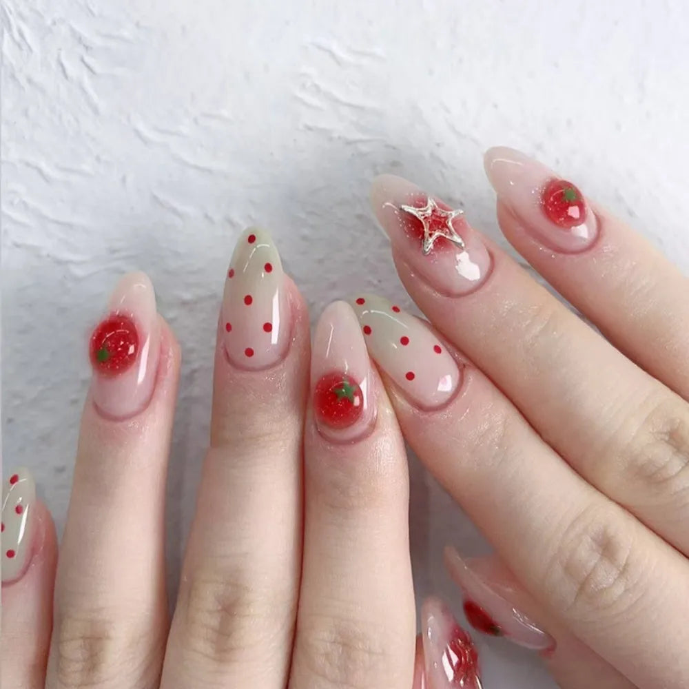Long Almond Press On Nails – French Aurora Gilding Flower Tips