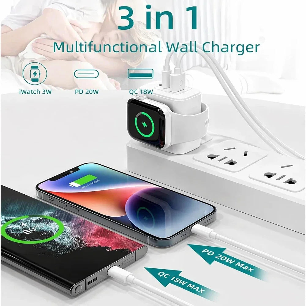 PD 20W 3-in-1 Fast Charger – USB-C, USB-A & Apple Watch Wireless Charging Station PRIMED