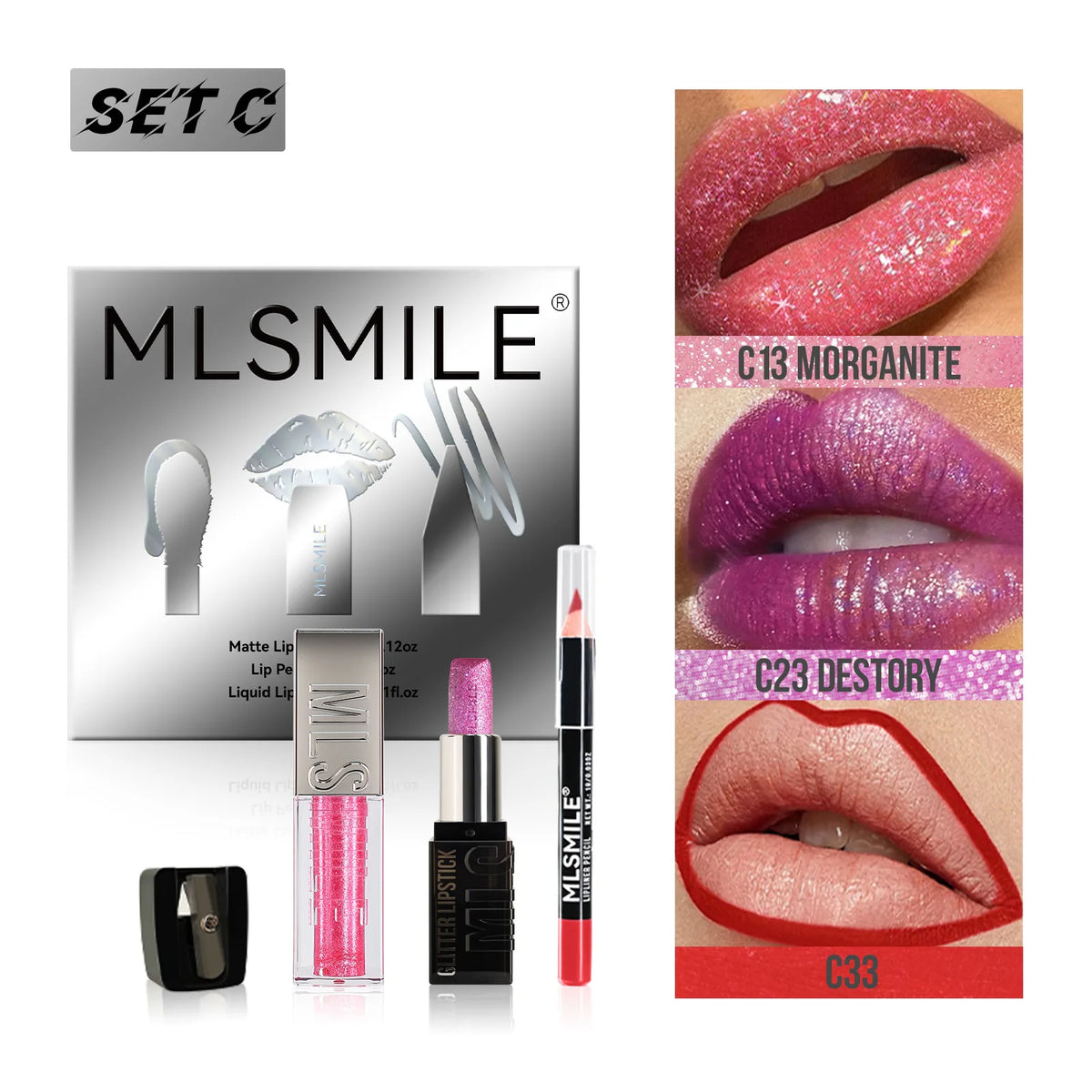MLSMILE Diamond Lip Gloss, Matte Liner & Lipstick Kit