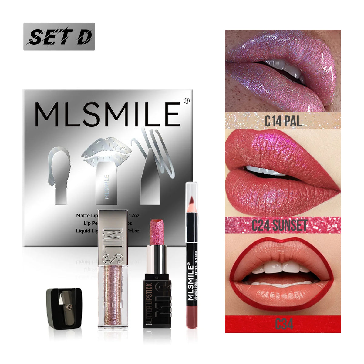 MLSMILE Diamond Lip Gloss, Matte Liner & Lipstick Kit
