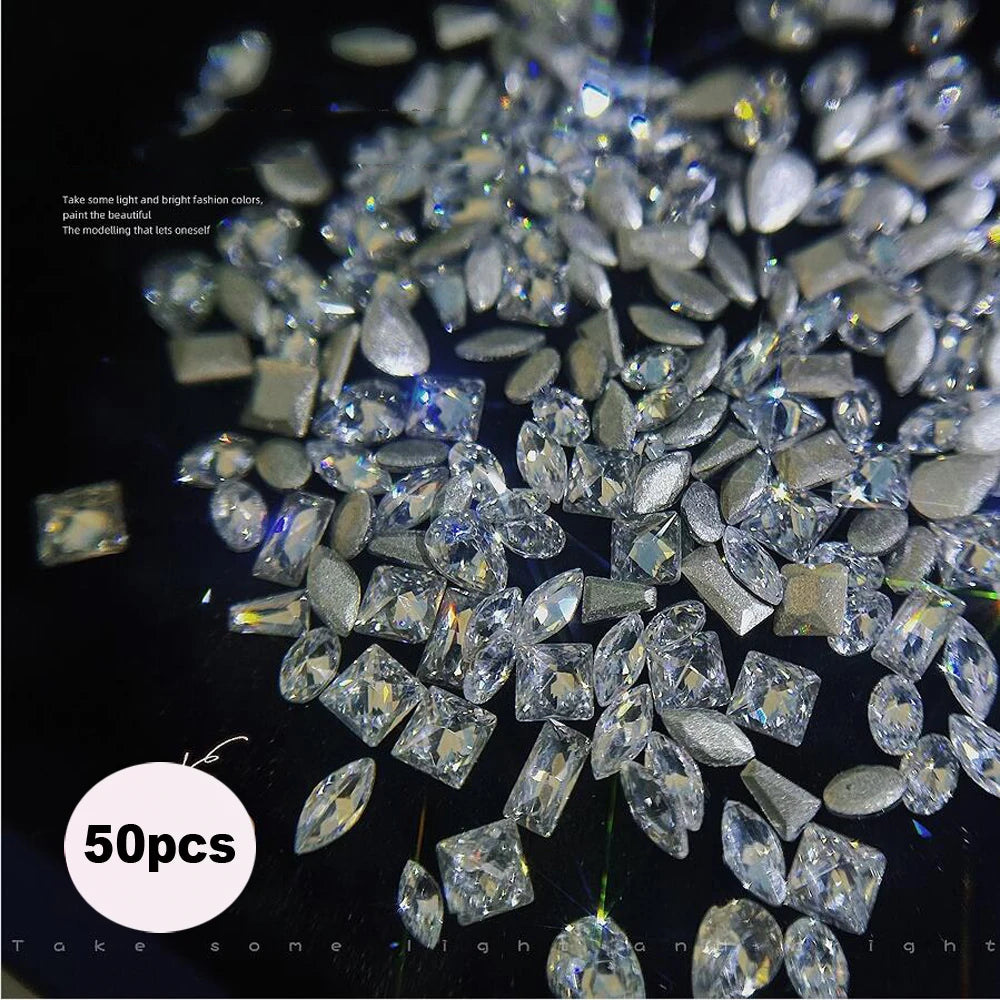 50 Pcs 5A Zircon Crystal Nail Rhinestones – Multi-Shape Charms Nail Art Rhinestones PRIMED Mix(50pcs)