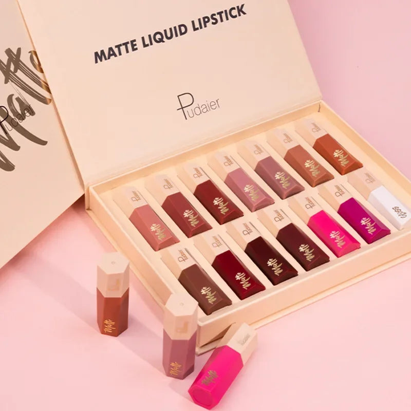 Pudaier 14-Color Velvet Matte Liquid Lipstick Set – Waterproof