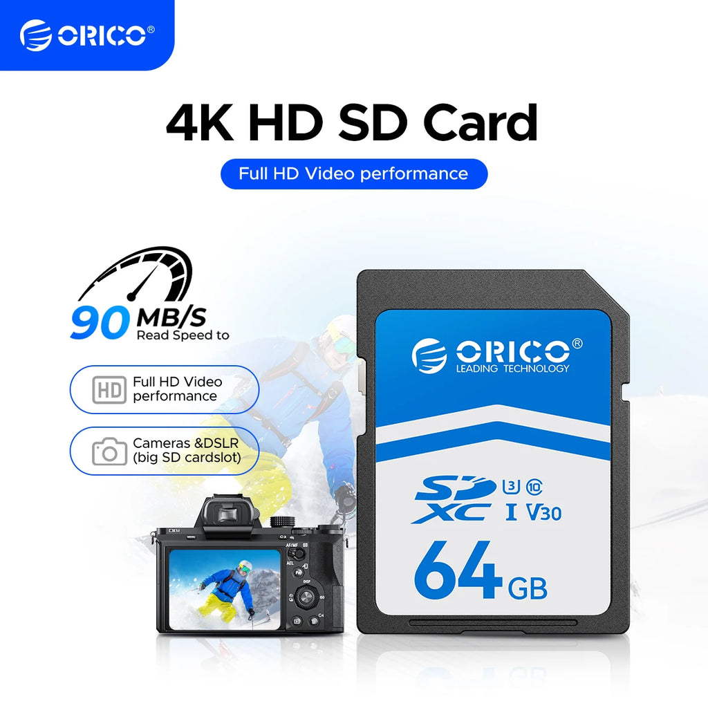 ORICO SD30 SDXC Memory Card U3 V30 4K | Up to 90MB/s SD Memory Card PRIMED