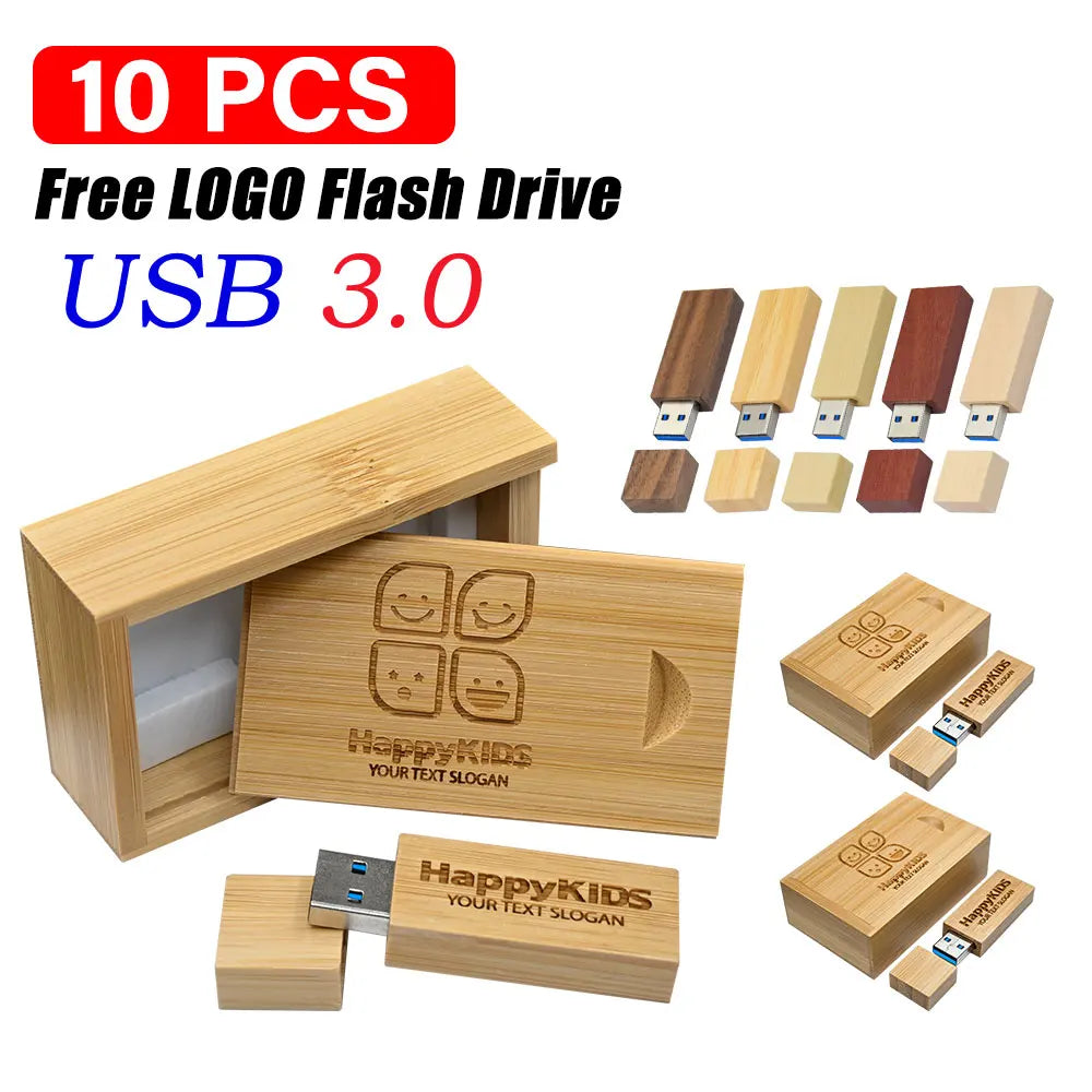 10-Pack Wooden USB 3.0 Flash Drives | Custom Logo 4–128GB USB Flash Drive Set PRIMED