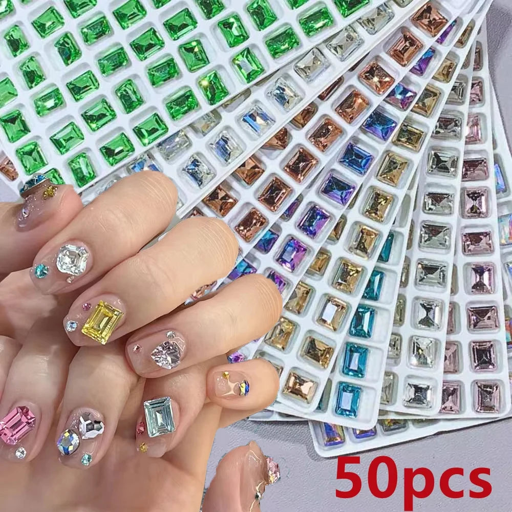 50Pcs 3D Pointed Square Nail Charms 6x8mm Rhinestone Gems Nail Art Charms PRIMED