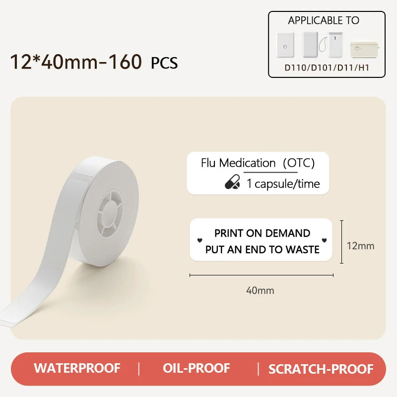 Niimbot White Label Paper for D11 D110 D101 | Waterproof Thermal Thermal Label Paper PRIMED 1Roll WH12-40mm