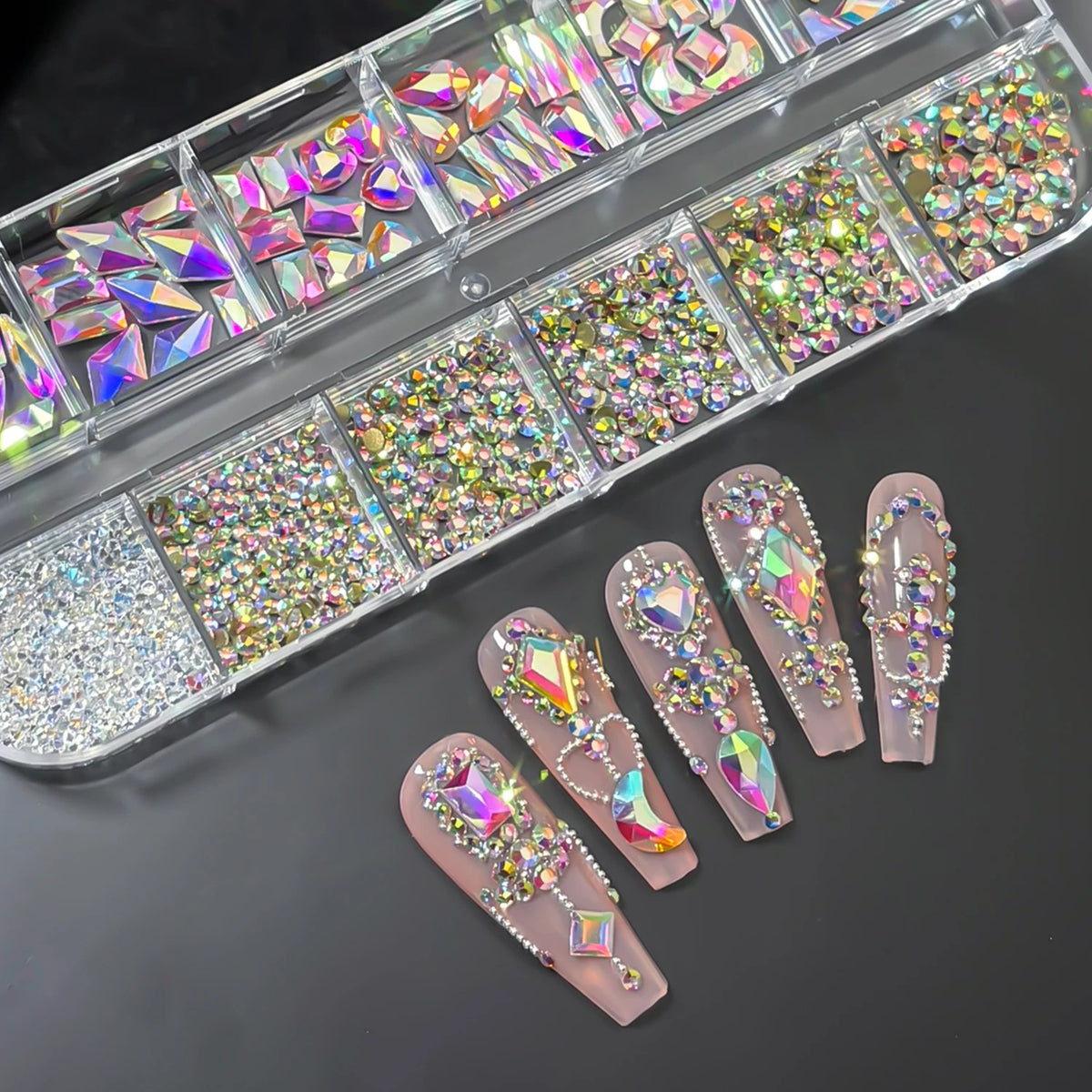 12-Grid Iridescent AB Nail Rhinestones – Mixed Glass Gems Box Nail Art Rhinestones PRIMED