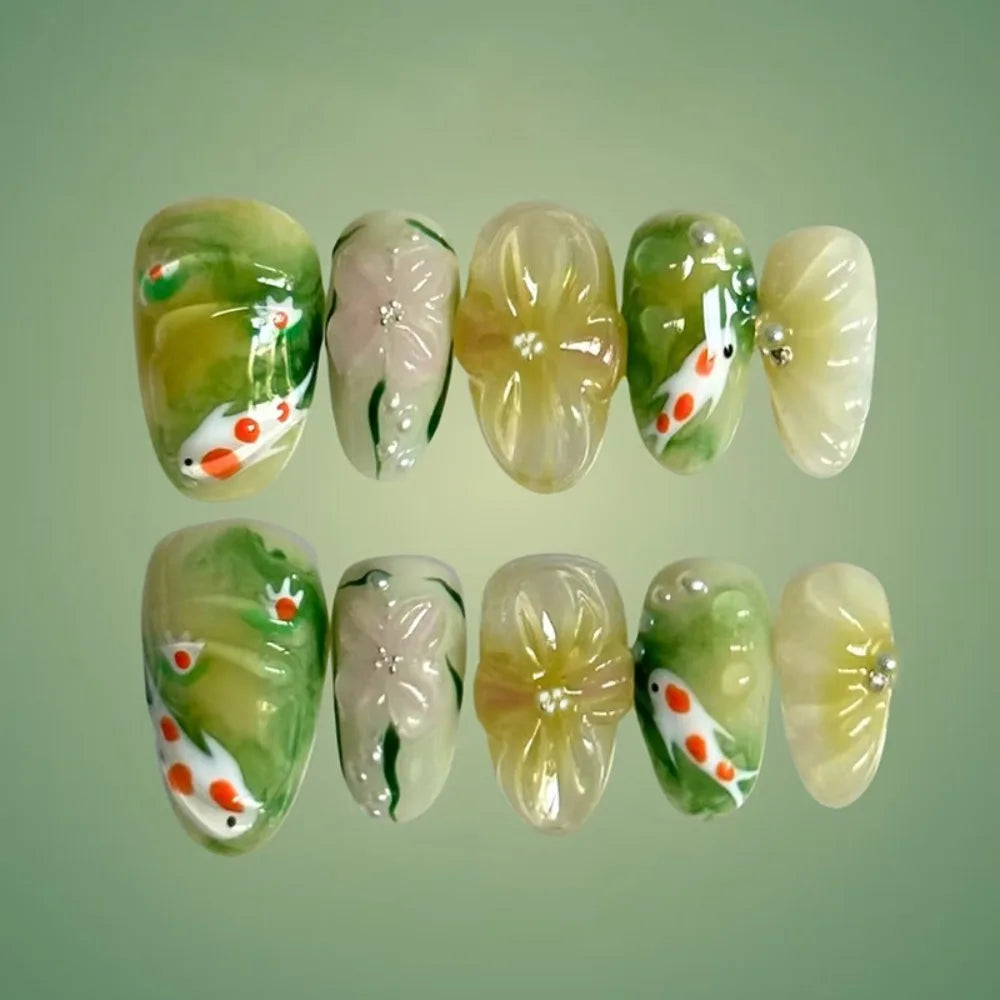 Long Almond Press On Nails – French Aurora Gilding Flower Tips
