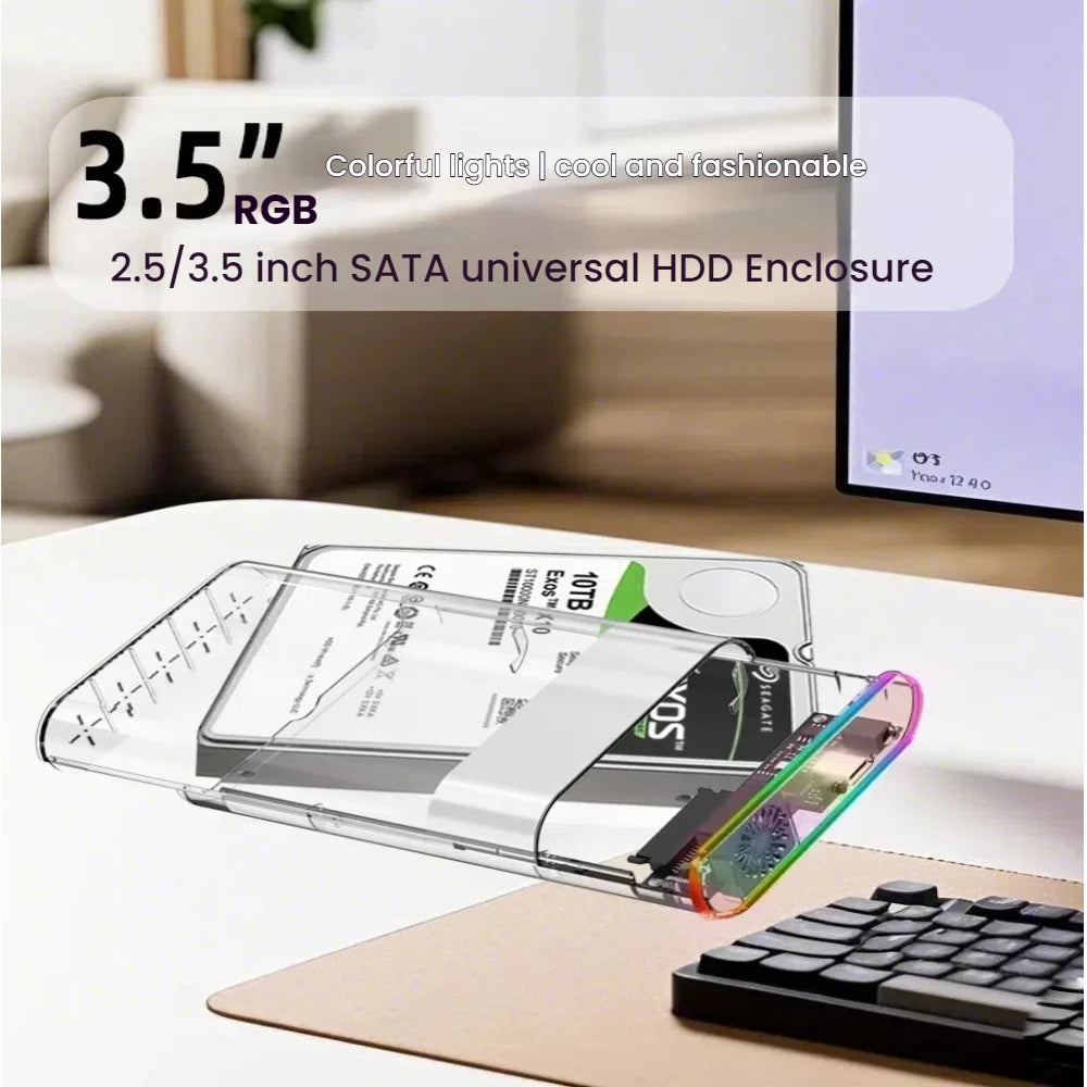 TISHRIC RGB Transparent HDD Enclosure 3.5" 2.5" USB-C + Fan HDD Enclosure PRIMED