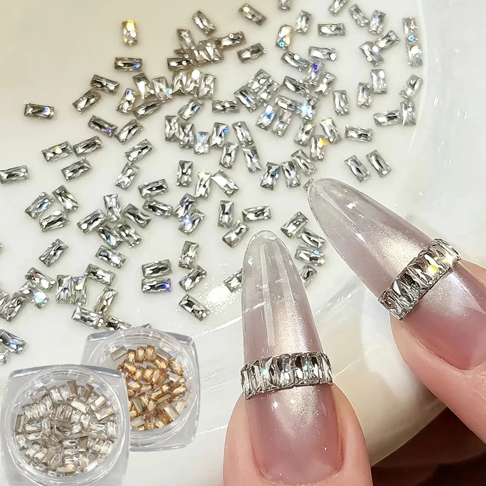 50Pcs Rectangular Zirconia Nail Rhinestones 2×4mm Clear & Champagne Nail Art Rhinestones PRIMED