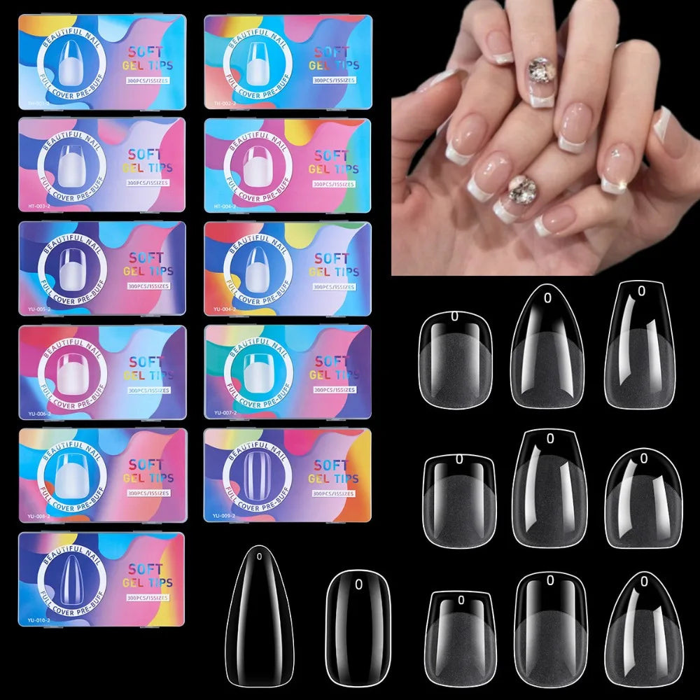 300pcs Short Almond Soft Gel Nail Tips | 15 Sizes Full Cover