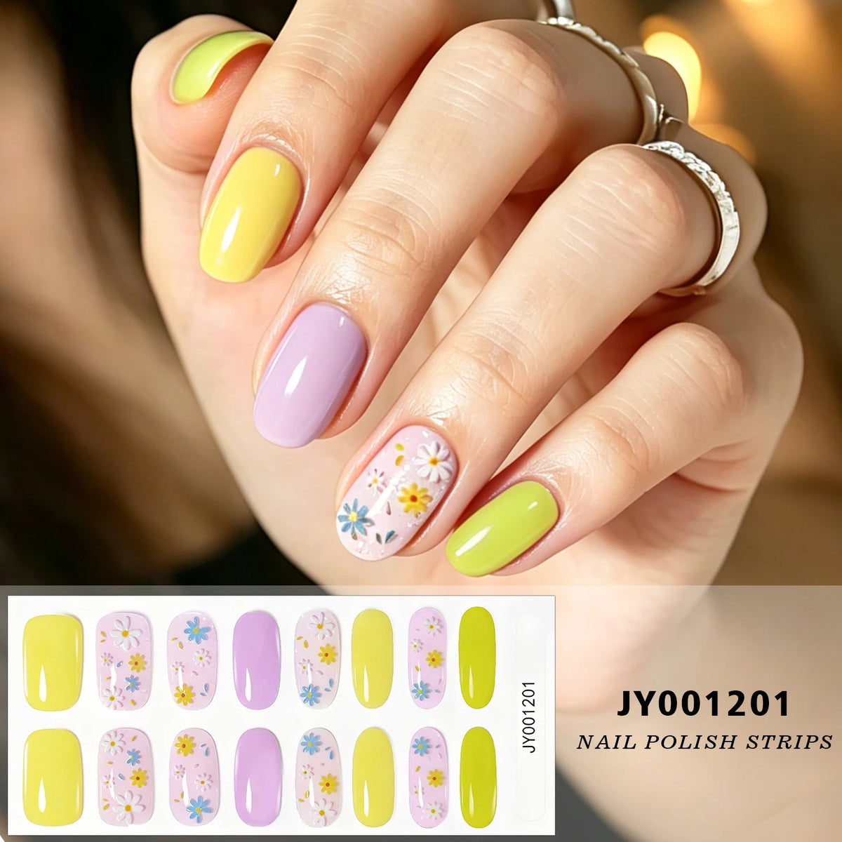 Spring Daisy Nail Stickers 16 Tips | Full Cover Glitter Decals