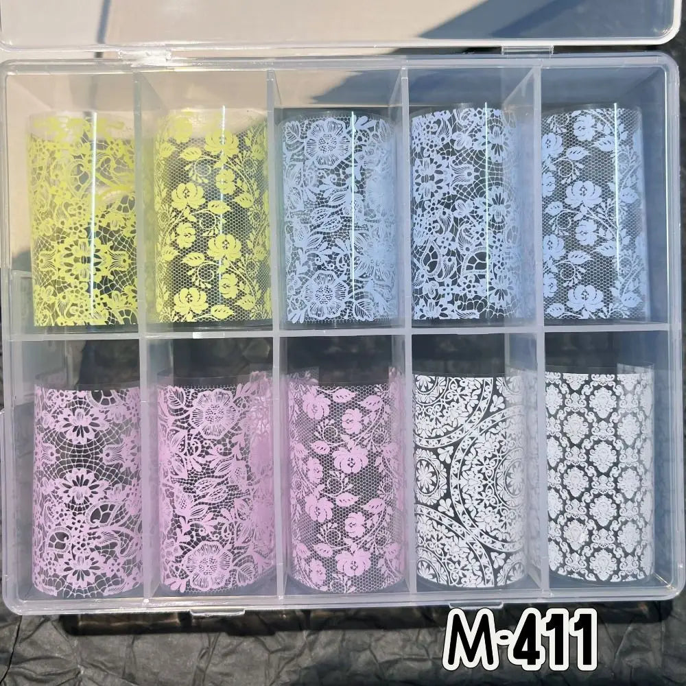 Lace Flower Nail Transfer Decals – Pink Blue White Foils