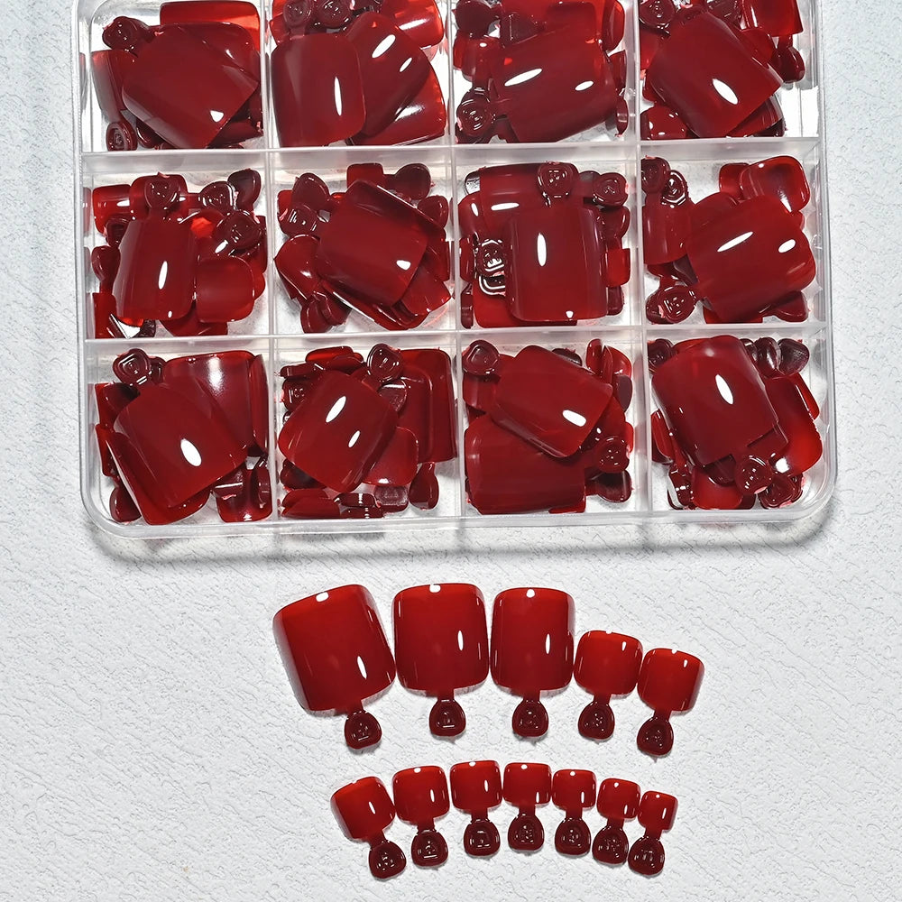 144Pcs Red Press-On False Toenails | Short DIY Full Cover Tips