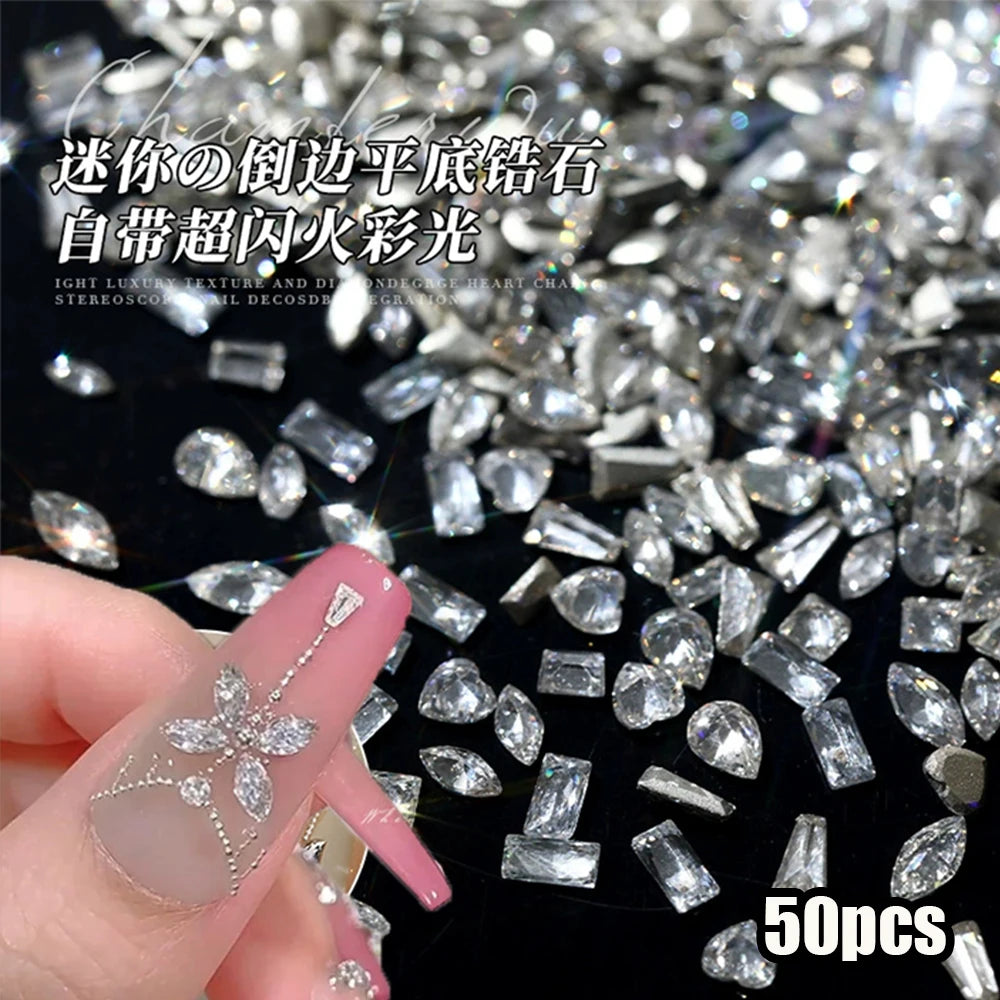 50 Pcs 5A Zircon Crystal Nail Rhinestones – Multi-Shape Charms Nail Art Rhinestones PRIMED