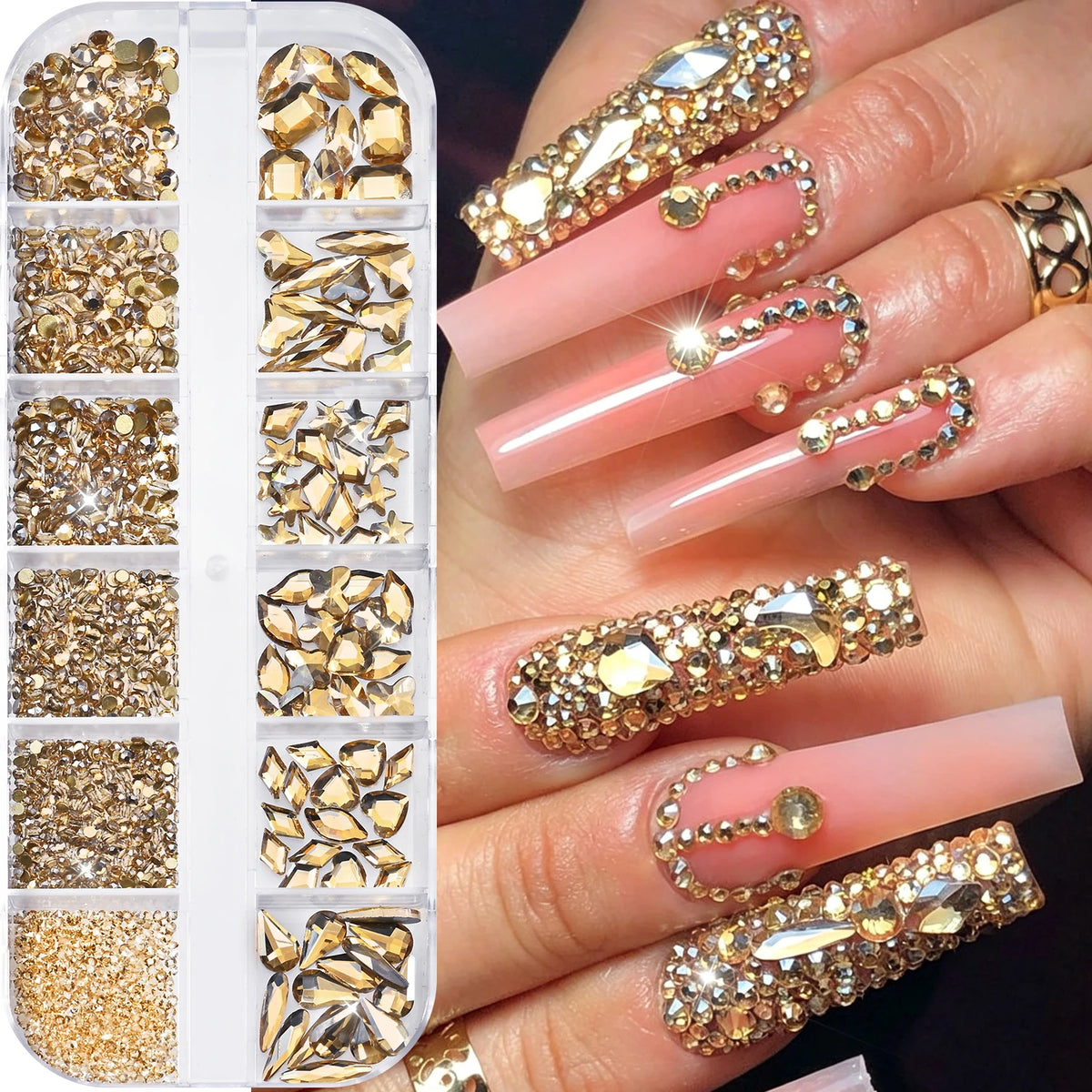 12-Grid Iridescent AB Nail Rhinestones – Mixed Glass Gems Box Nail Art Rhinestones PRIMED A2