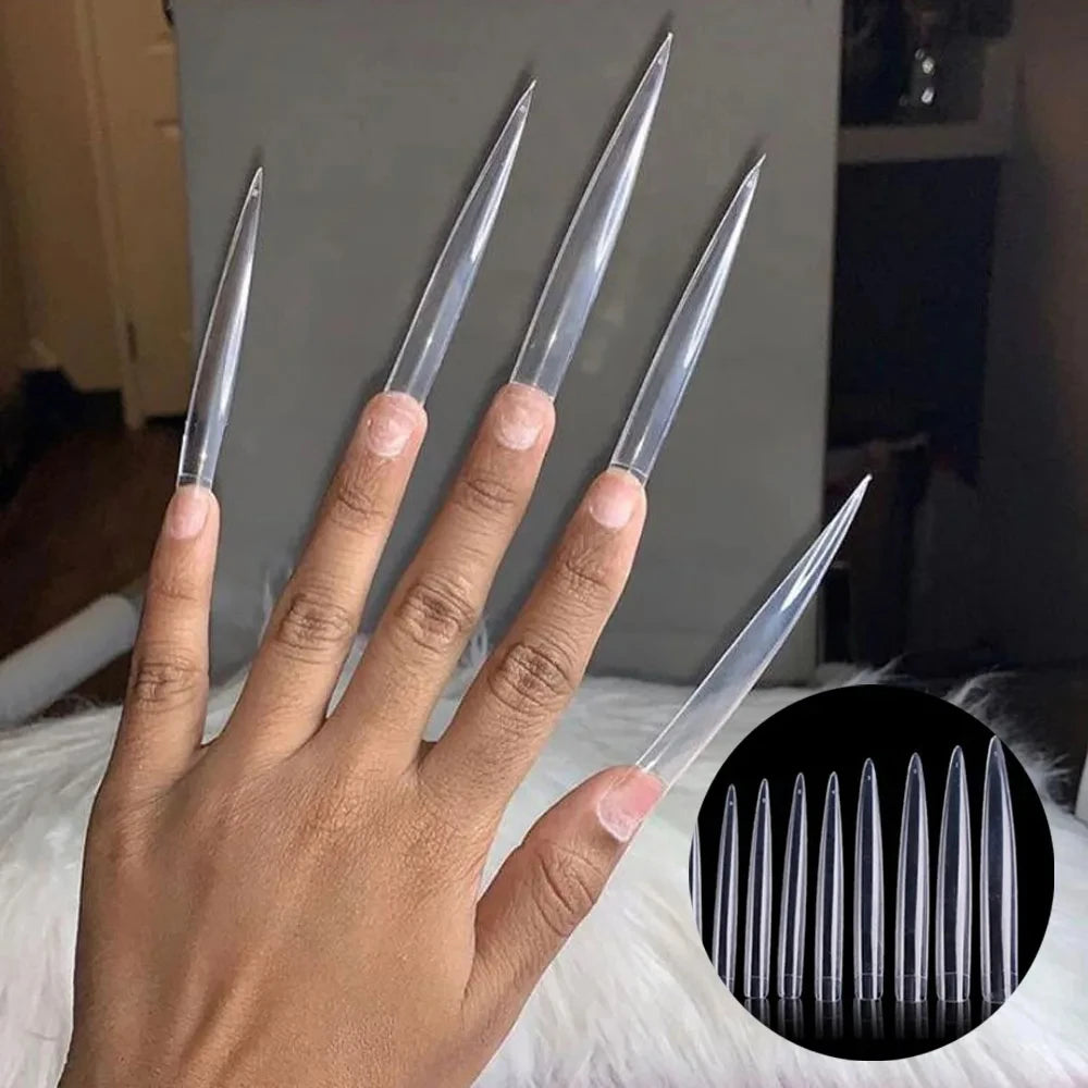 12Pc XXL Stiletto False Nail Tips Clear 9.3cm Half Cover False Nail Tips PRIMED