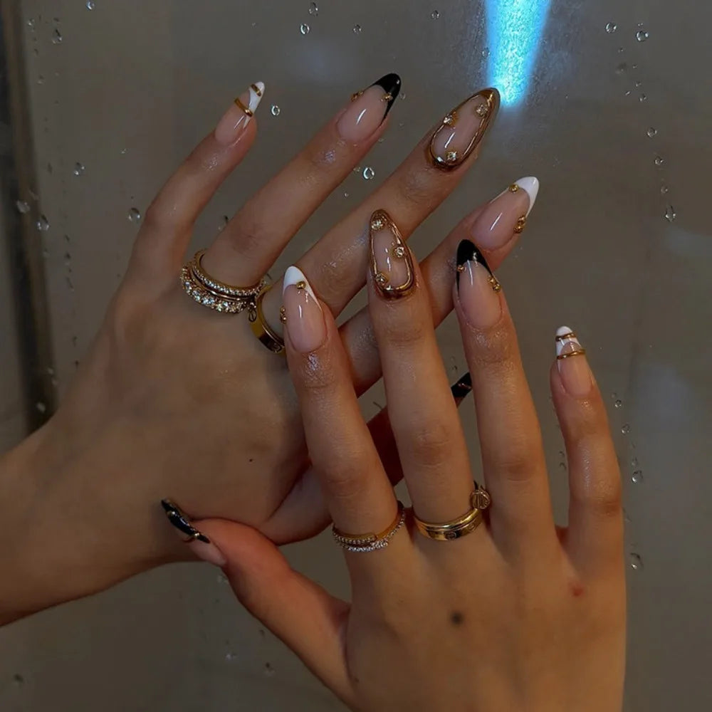 Long Almond Press On Nails – French Aurora Gilding Flower Tips