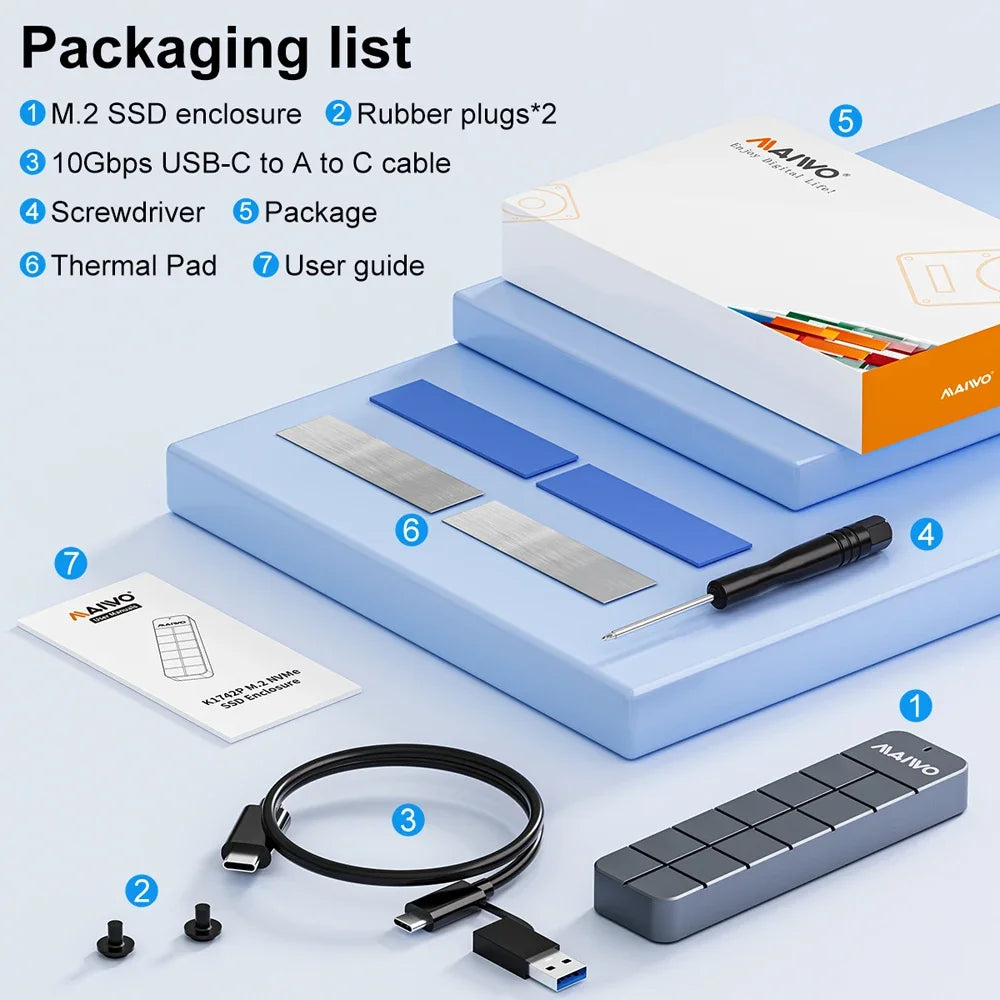 MAIWO M.2 NVMe SSD Enclosure USB 3.2 Gen2 10Gbps Aluminum SSD Enclosure PRIMED