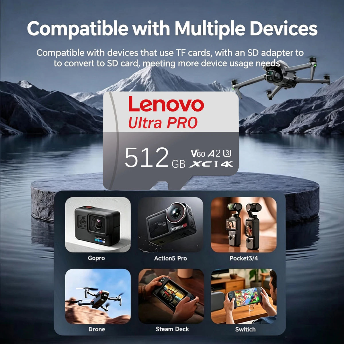 Lenovo Micro SD Card 128GB 256GB 512GB Class 10 U3 V60 A2 Flash Memory Card PRIMED